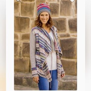 Novica Peru Waterfall Tie Front Embroidered Crochet Cardigan Sweater Multicolor